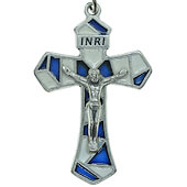 1 1/2 Inch Blue & White Enamel Pendant Crucifix