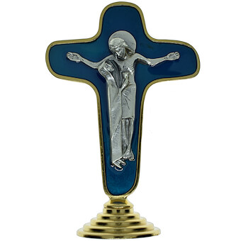 Blue Enamel Mary With Jesus Standing Crucifix